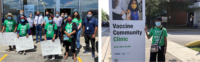 Two photos of volunteers at COVID-19 clinics in Toronto